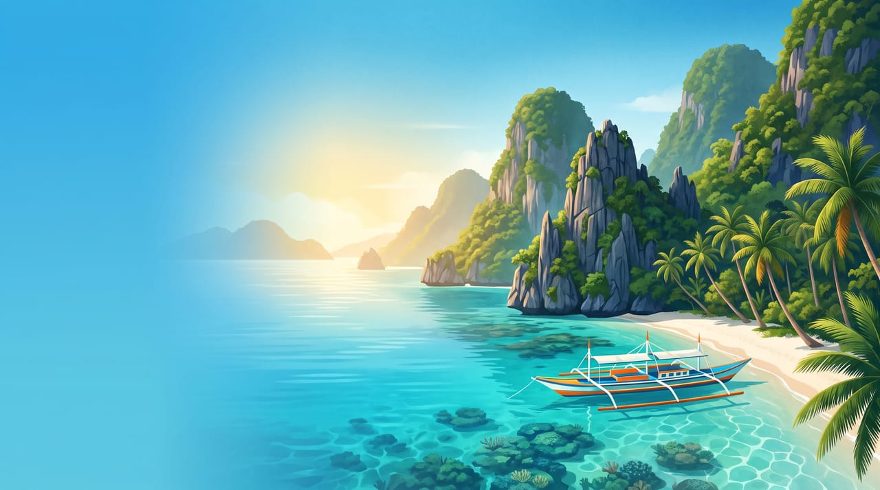 Illustration of an El Nido lagoon with limestone cliffs, palm trees and a bangka boat, Palawan, Philippines